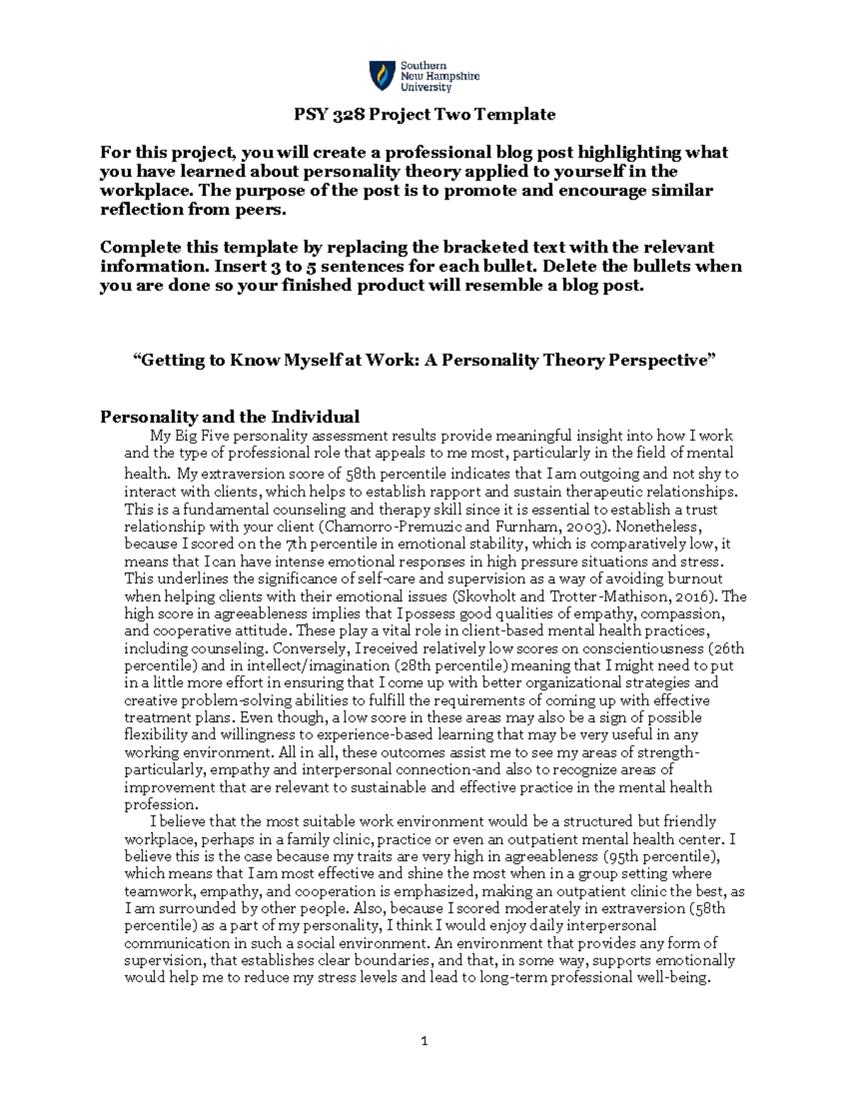 PSY 328 Project Two: Personality Theory Reflection in the Workplace ...
