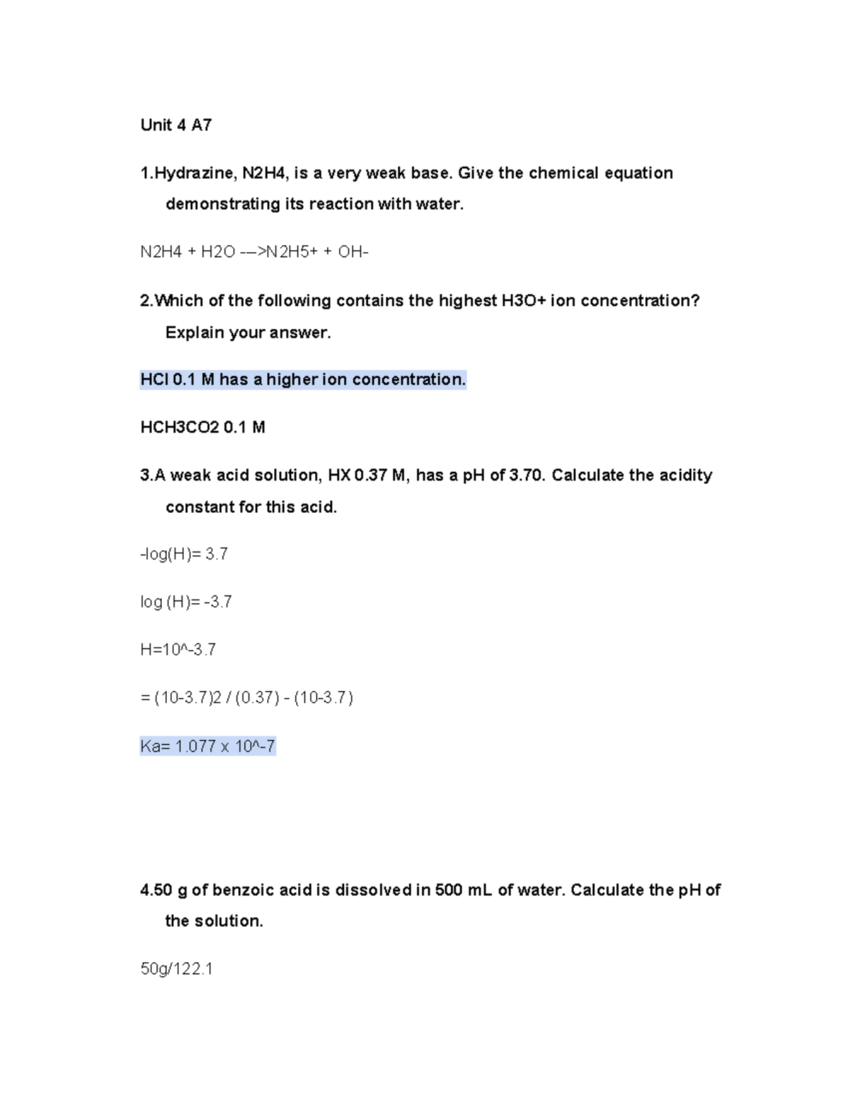 Unit 4 A7 - Acid-Base Reactions & Equilibrium Calculations - Studocu