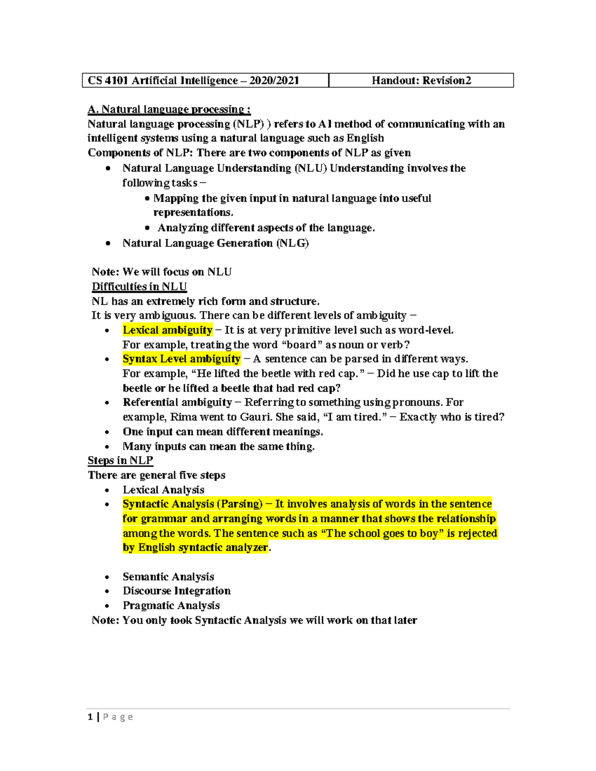CS 4101 AI: Revision Notes on Natural Language Processing Concepts ...