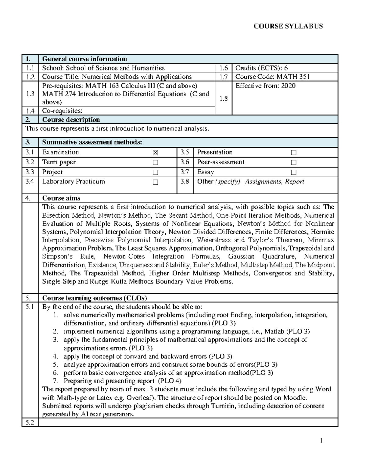 MATH 351 Spring 2025 Course Syllabus: Numerical Methods with ...