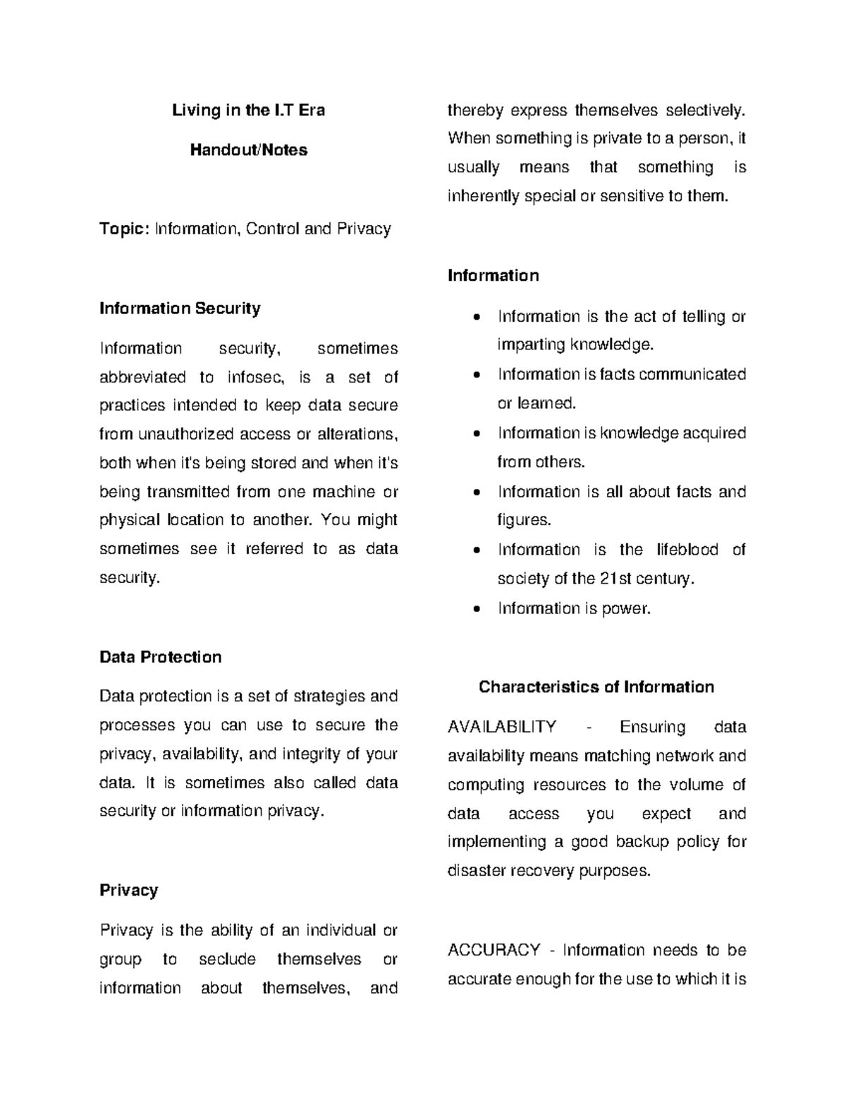 ITERA 101: Information Control & Privacy Notes - Studocu