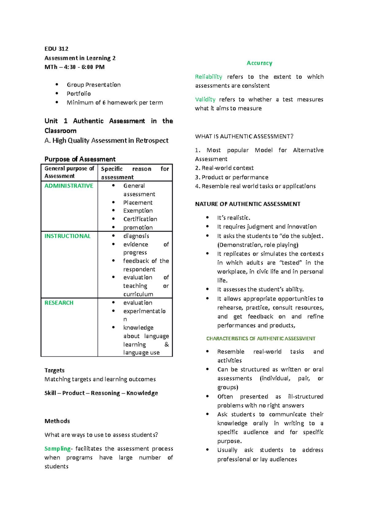Unit 1 - Unit 1 Reviewer - EDU 312 Assessment in Learning 2 MTh – 4:30 ...