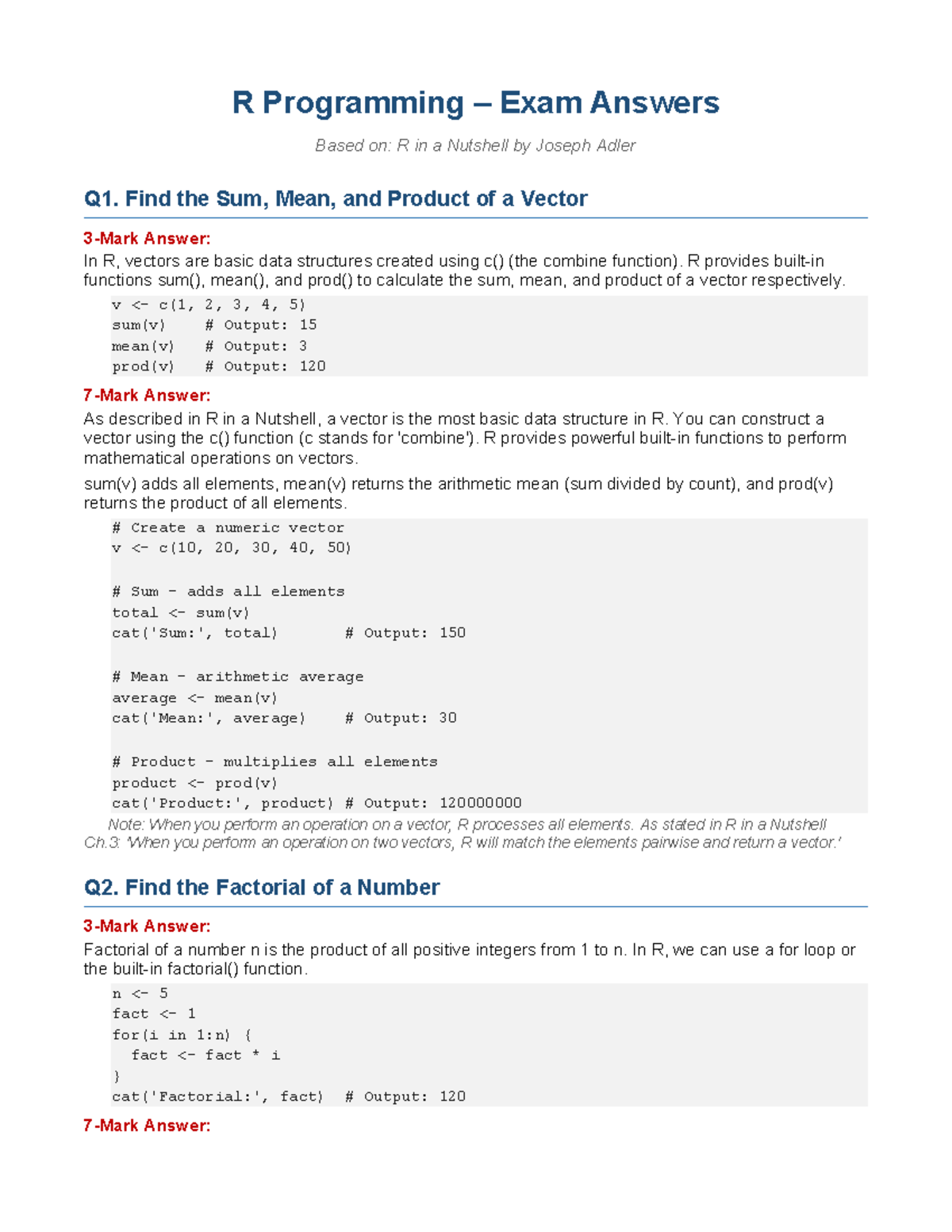 R Programming Exam Answers: Key Concepts from R in a Nutshell - Studocu