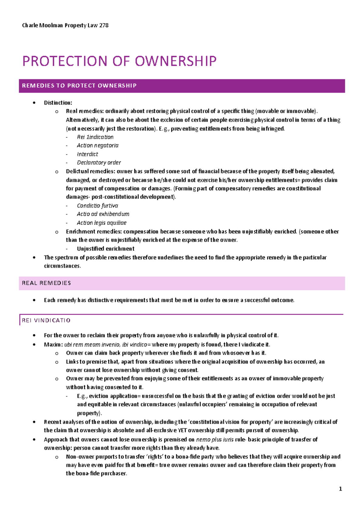 Property Law 278 Topic 6: Final Exam Notes on Ownership Protection ...