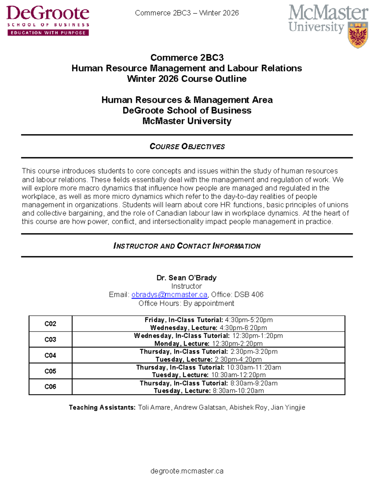 Commerce 2BC3 Winter 2026 Human Resource Management Course Outline ...