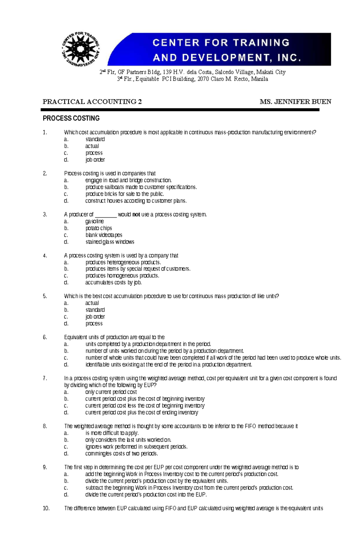 Process Costing Handouts for Practical Accounting 2 - Studocu
