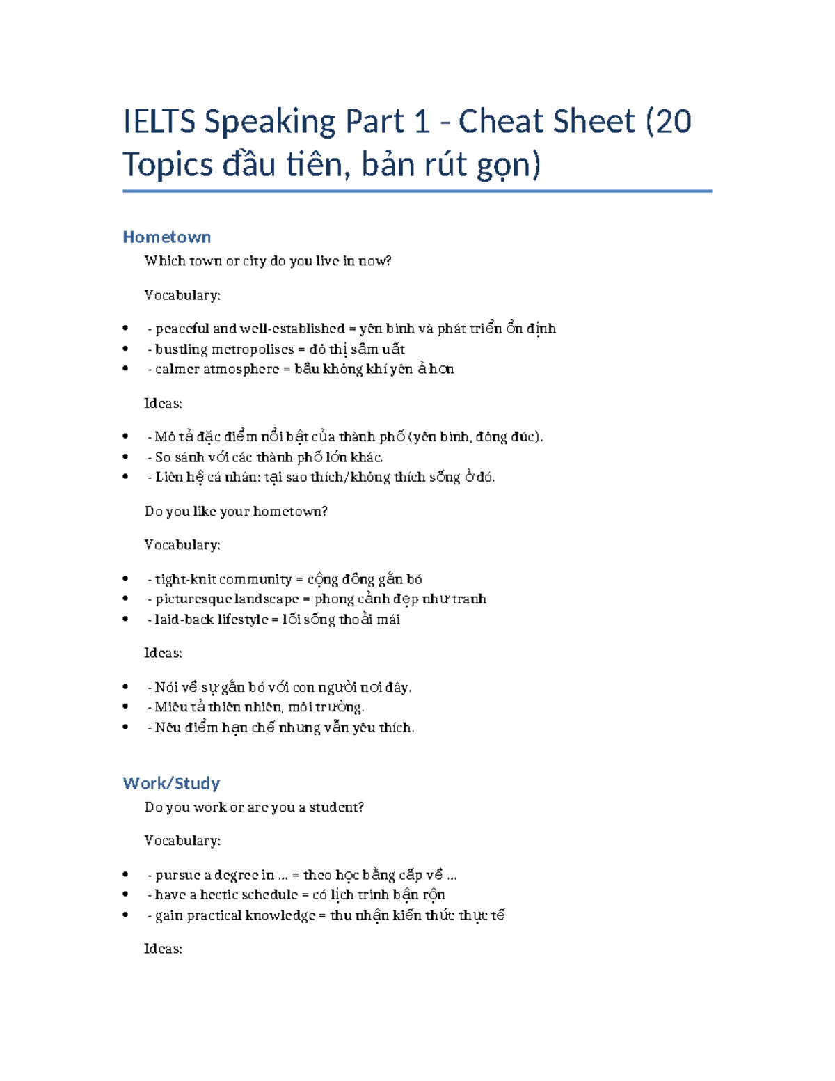 IELTS Speaking Part 1 Cheat Sheet: Hometown & Related Topics - Studocu