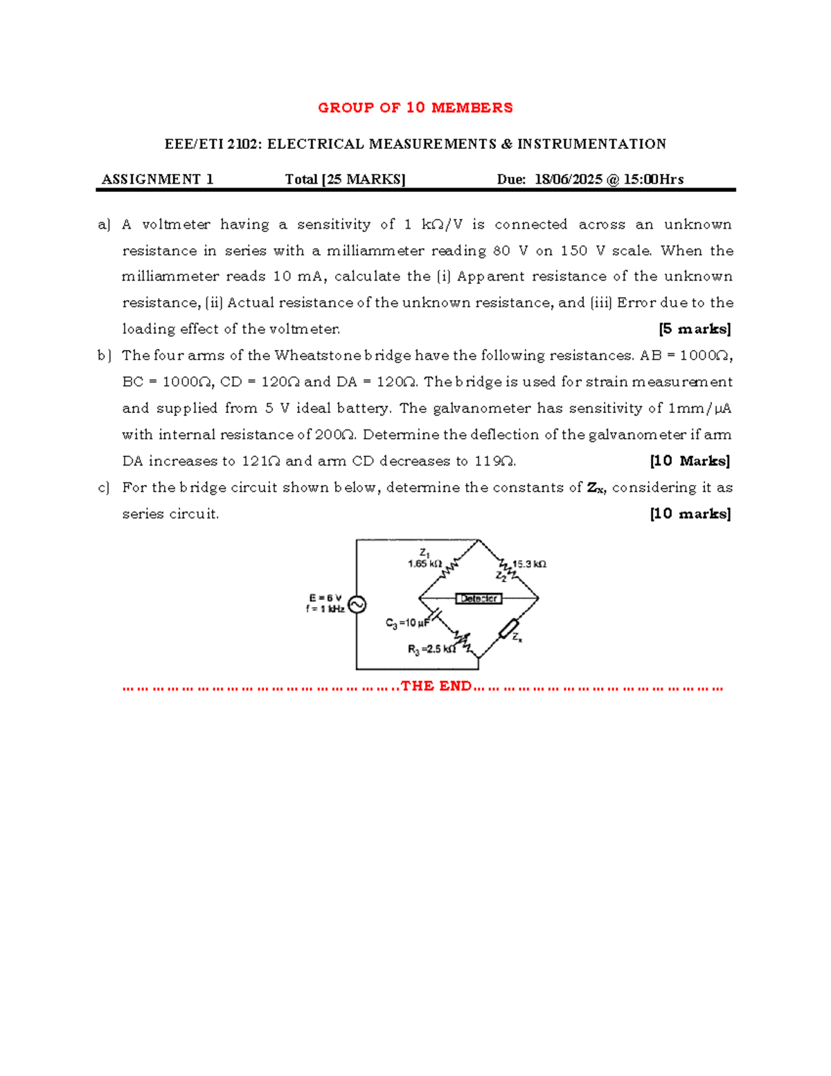 EEE ETI2102: Electrical Measurements Instrumentation Assignment 1 - Studocu