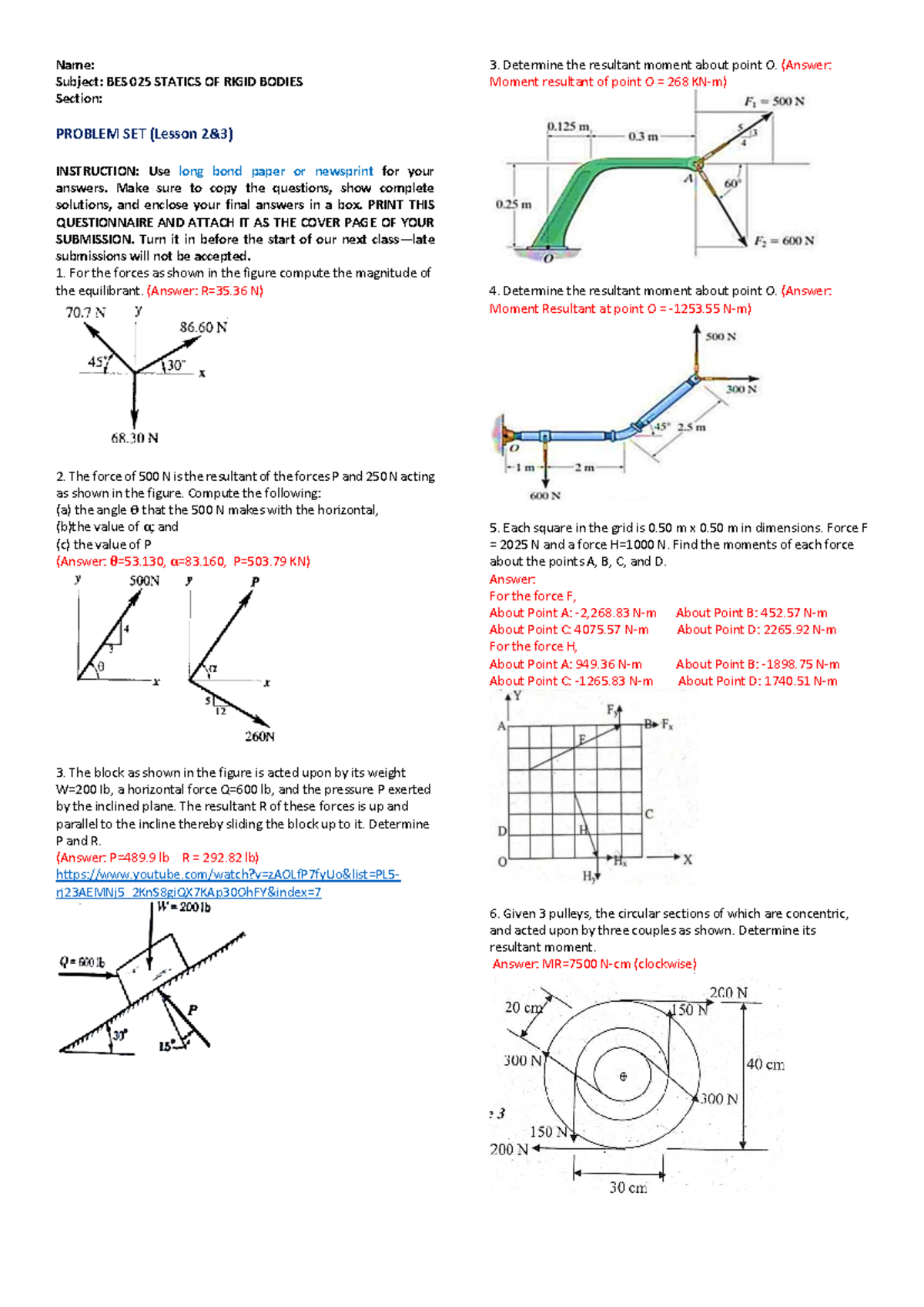 BES 025 Statics of Rigid Bodies: Problem Set on Resultant Moments - Studocu