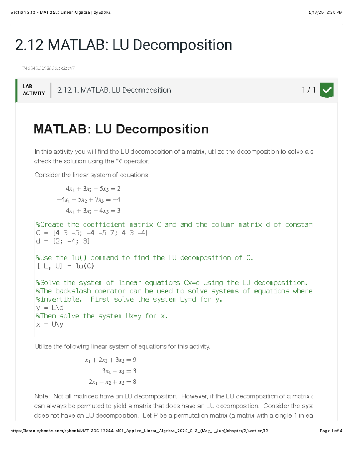 MAT 350: Linear Algebra - Section 2.12 MATLAB LU Decomposition Lab ...
