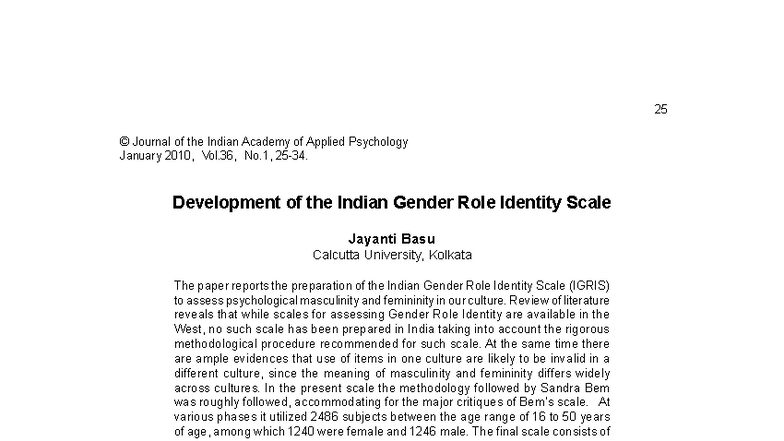 Development of the Indian Gender Role Identity Scale (IGRIS) - Studocu