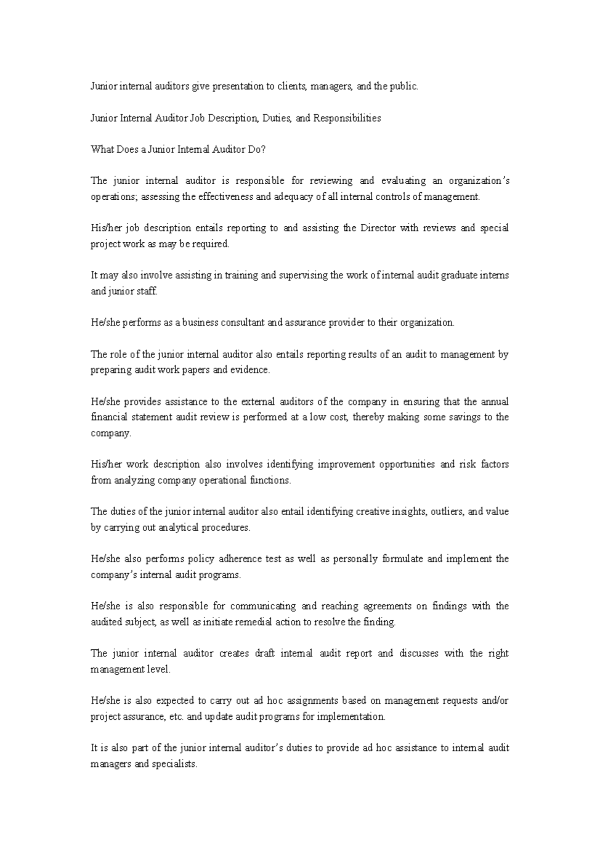 Junior Internal Auditor Job description - Junior internal auditors give ...