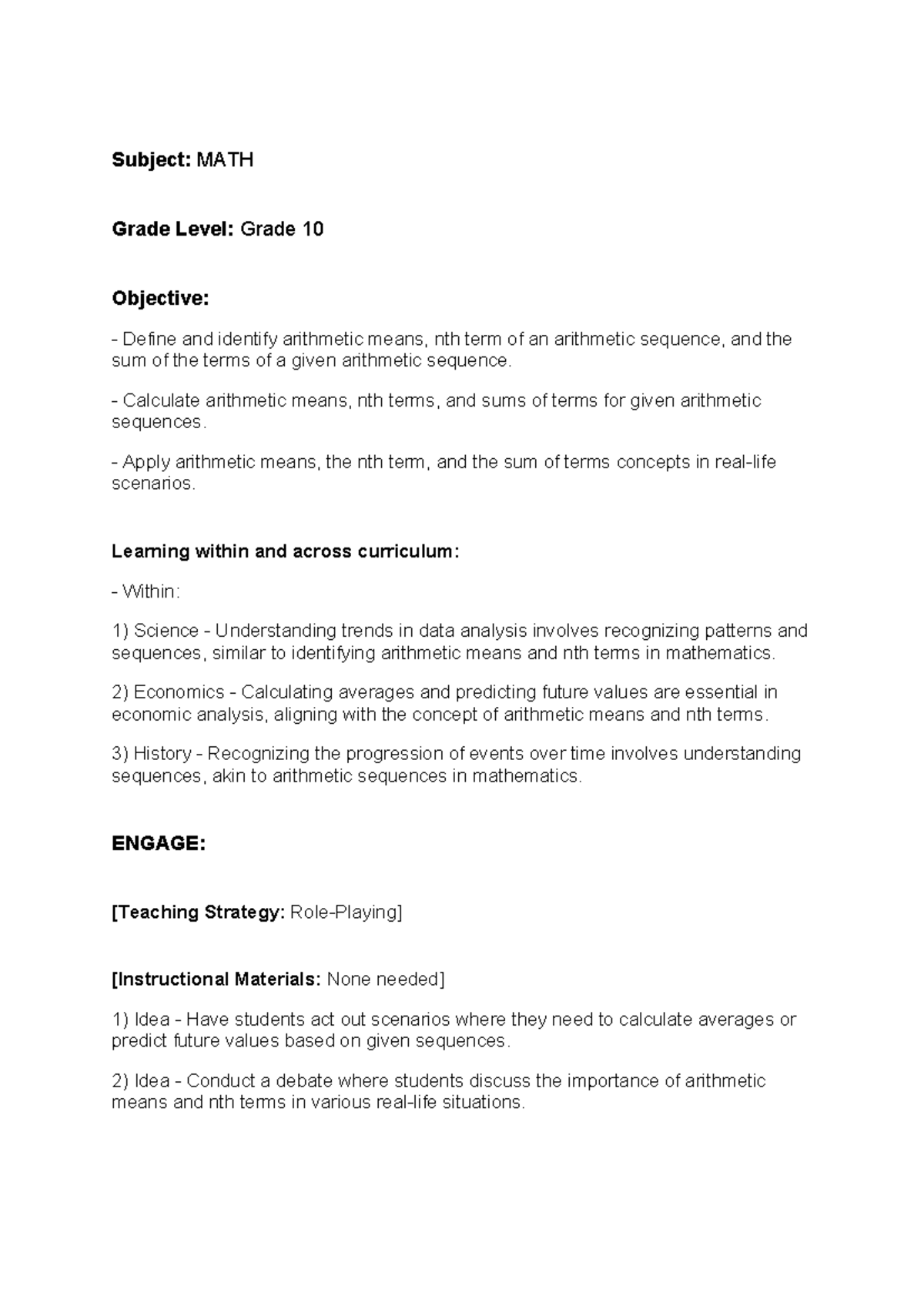 MATH 10 Lesson Plan: Engaging Activities on Arithmetic Means ...