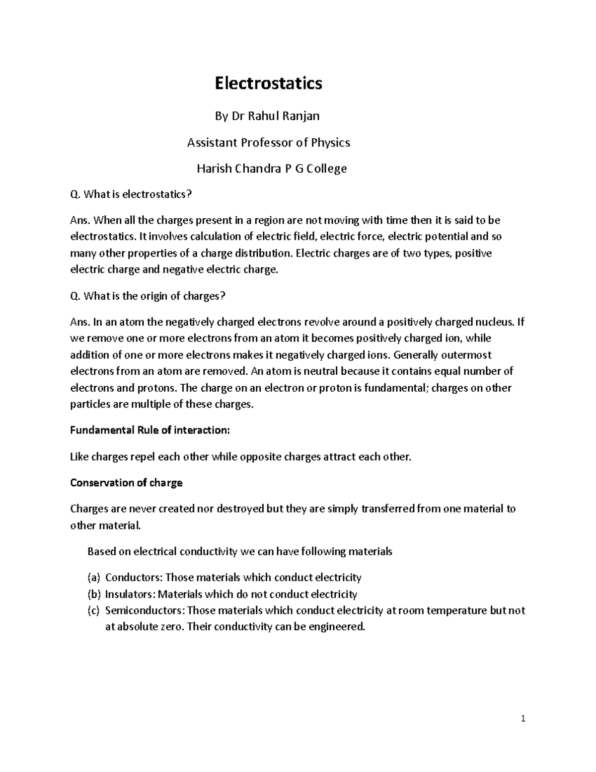 B.SC-II Physics: Electrostatics Overview and Key Concepts - Studocu
