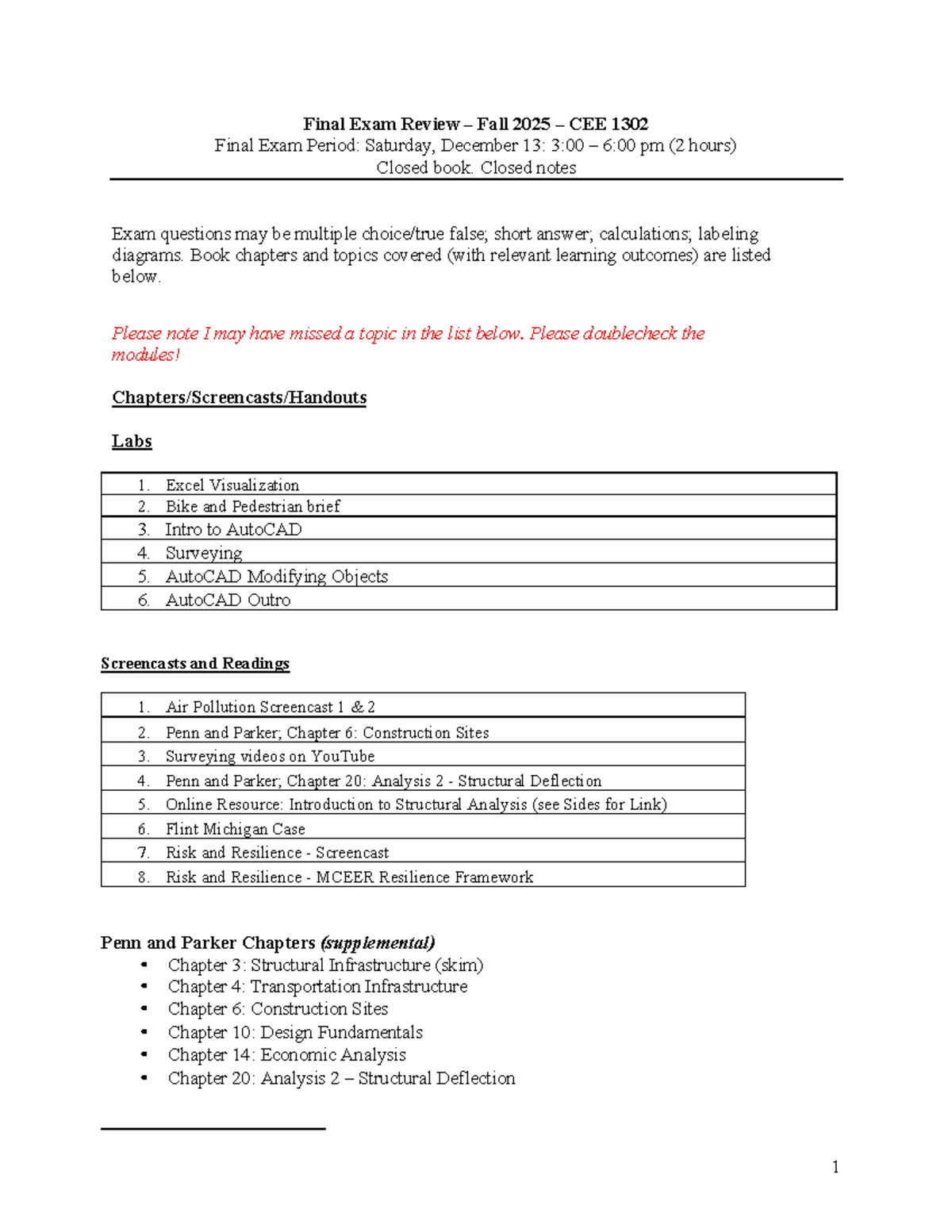 Final Exam Review – Fall 2025 – CEE 1302 - Studocu
