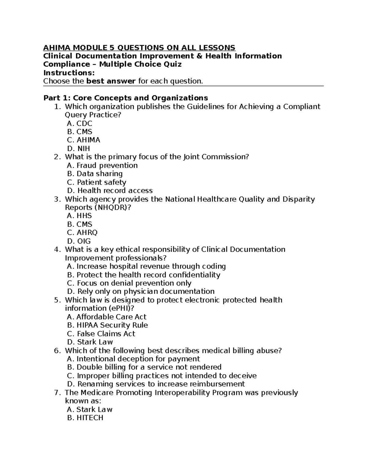 AHIMA MODULE 5: Clinical Documentation Improvement Quiz Questions - Studocu