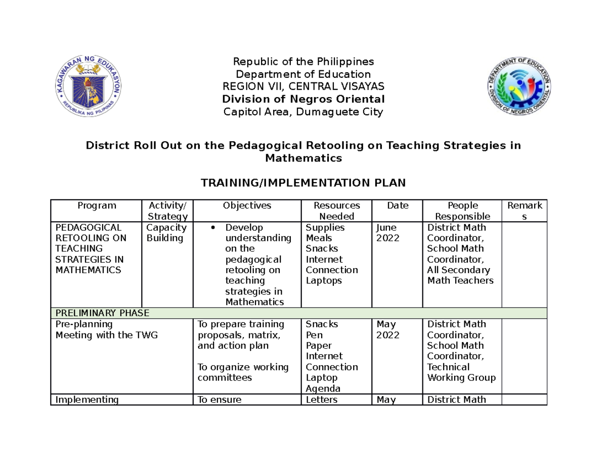 Training Implementation Plan for Pedagogical Retooling in Math - Studocu