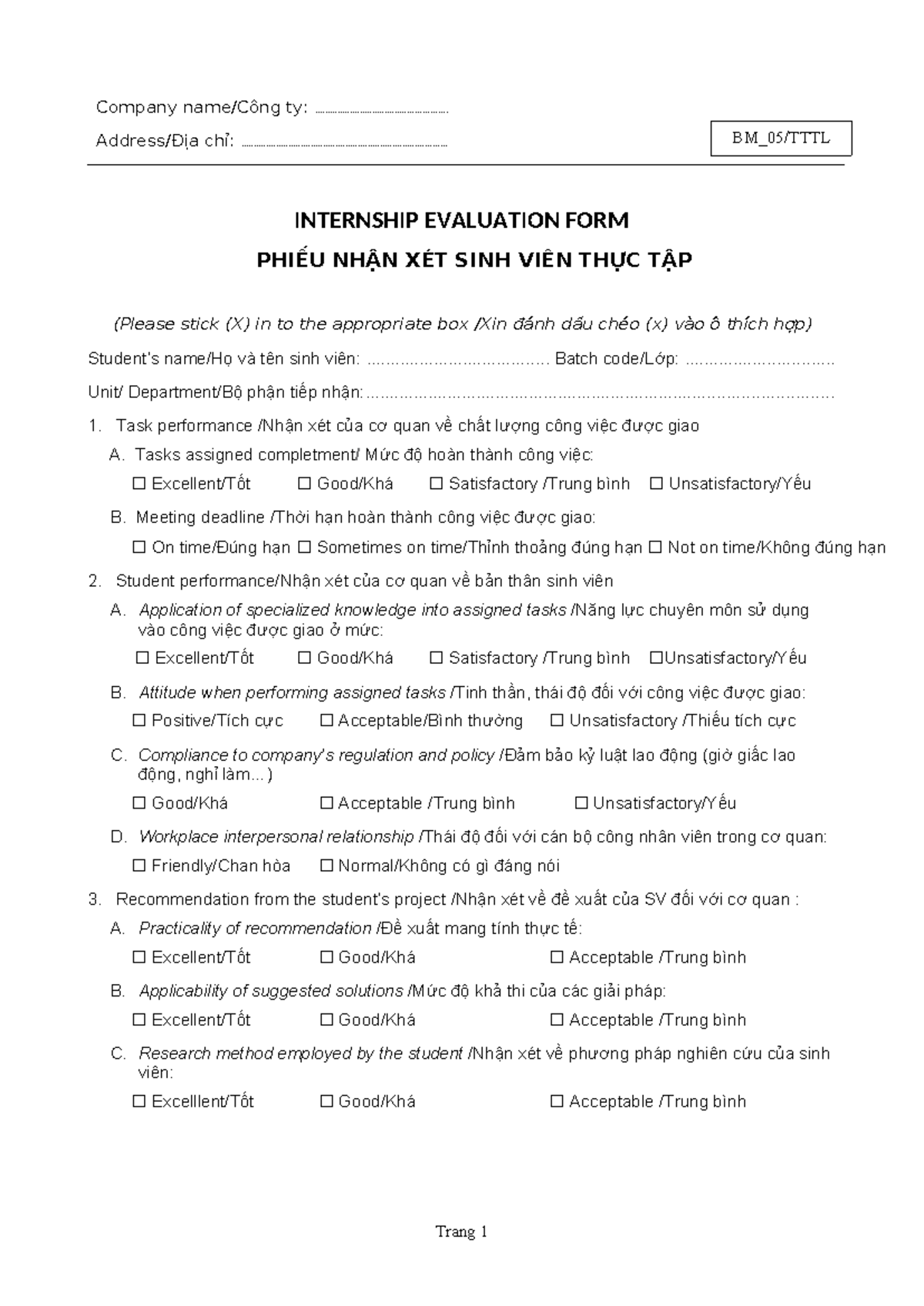 BM 05.TTTL Phieu-nhan-xet-sinh-vien-thuc-tap-Evaluation Form - Studocu