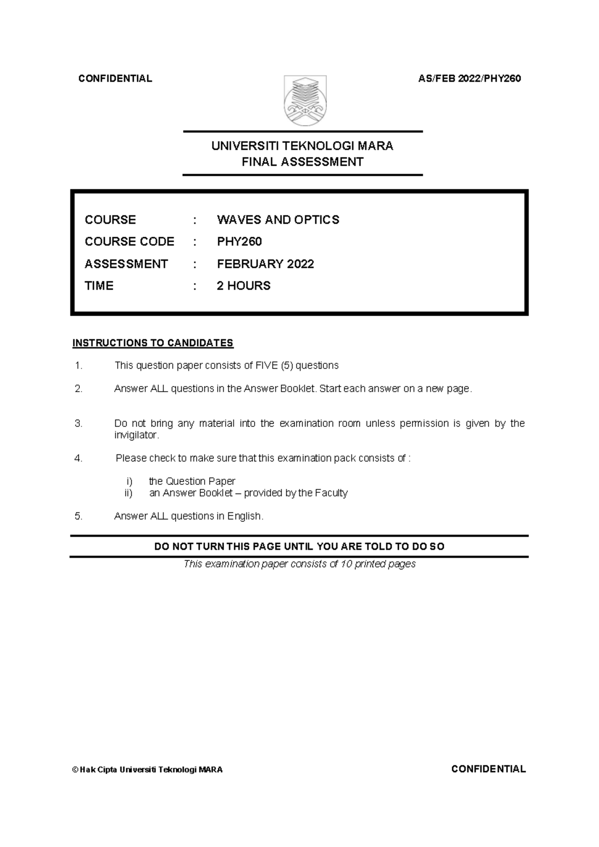 PHY260 Final Assessment: Waves and Optics - February 2022 - Studocu