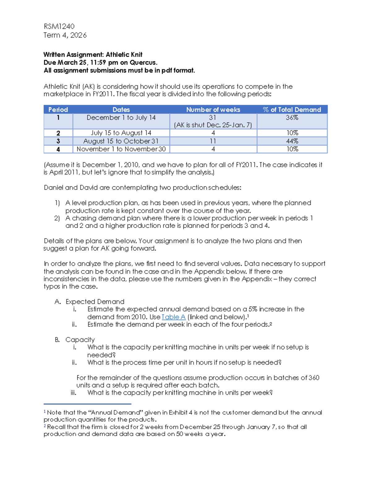 RSM1240 Term 4, 2026 Written Assignment: Athletic Knit Production Plans ...