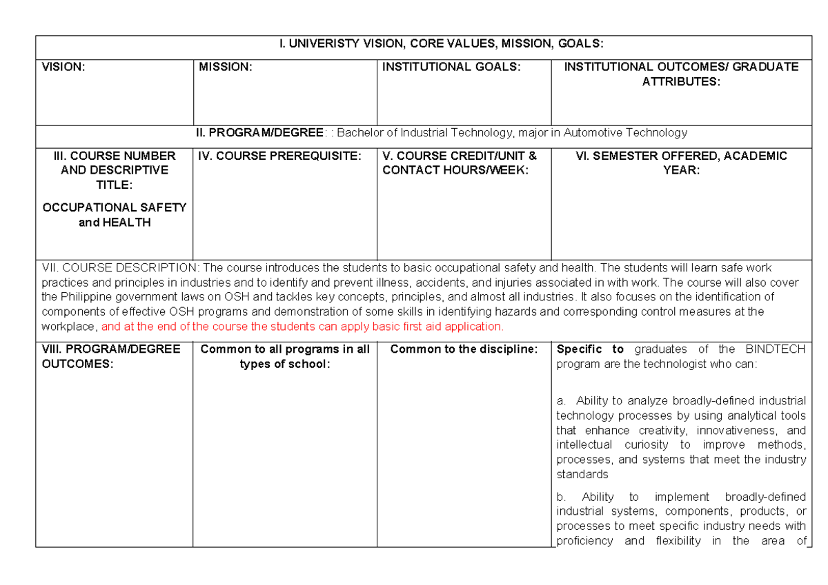 OSH Syllabus - Bachelor of Industrial Technology (BINDTECH) - Studocu