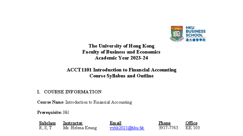 ACCT1101 Course Syllabus: Introduction to Financial Accounting - Studocu