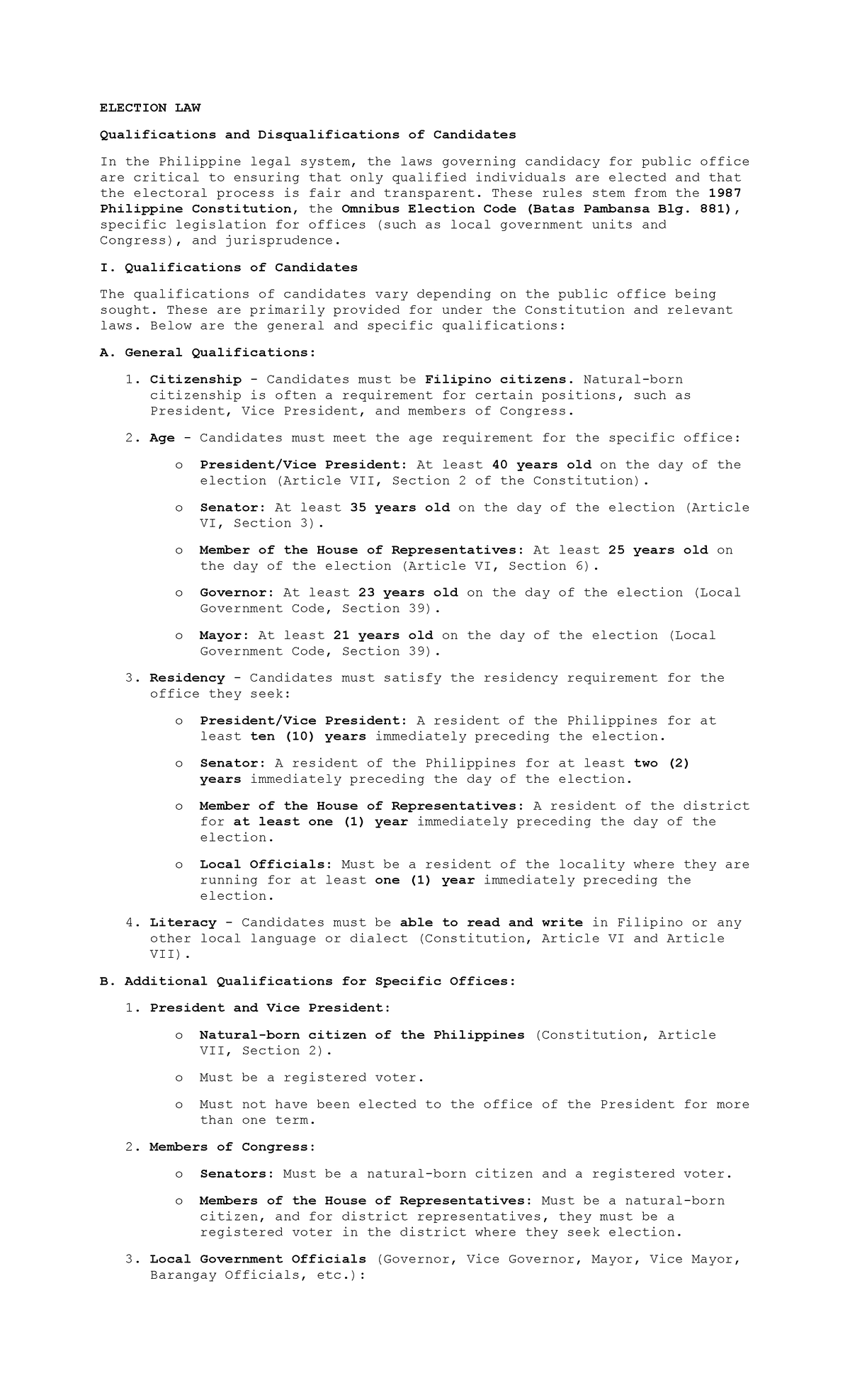 ELECTION LAW: Qualifications & Disqualifications of Candidates - Studocu