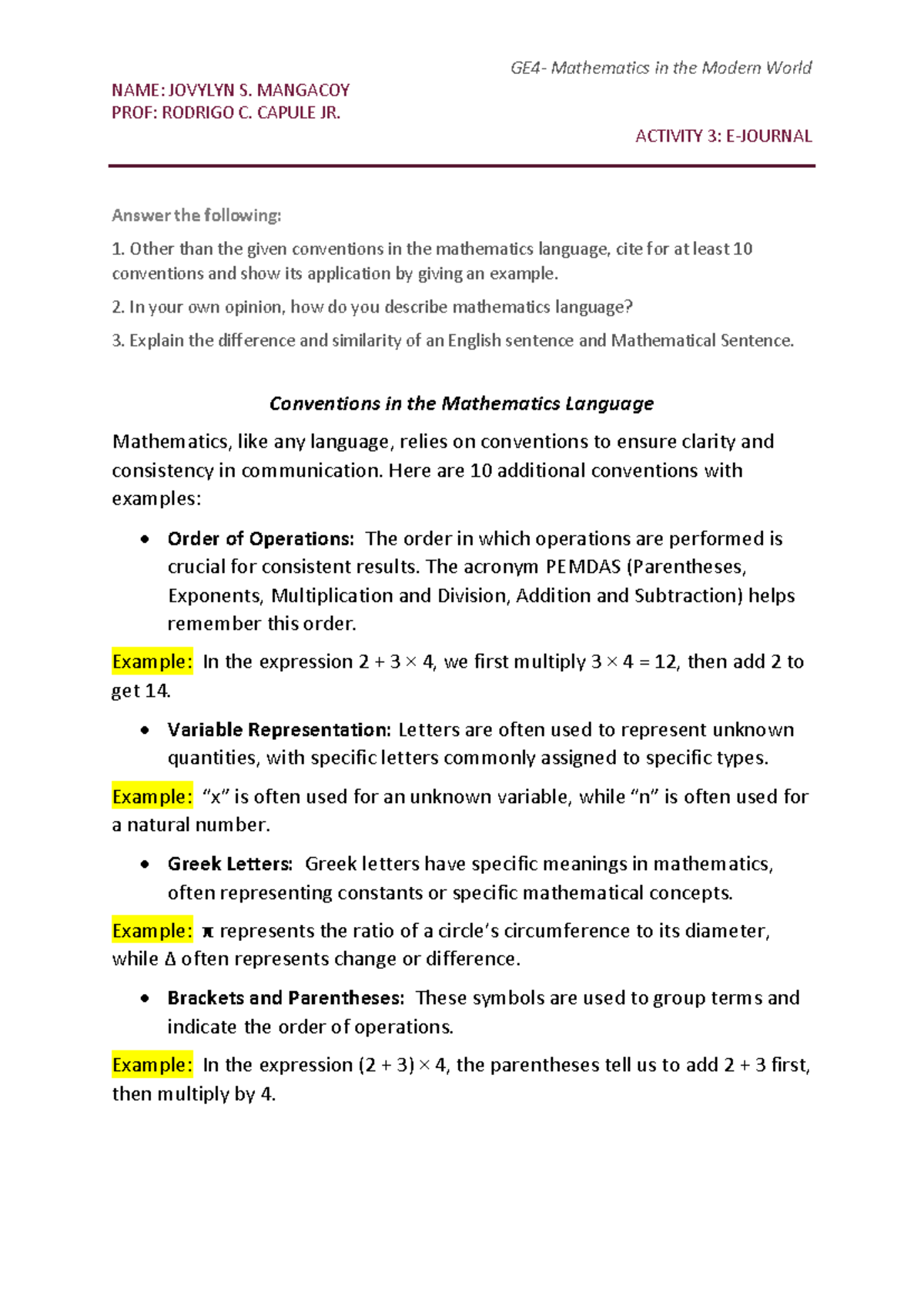 Activity 3 E-Journal: Conventions in Mathematics Language - GE4 - Studocu