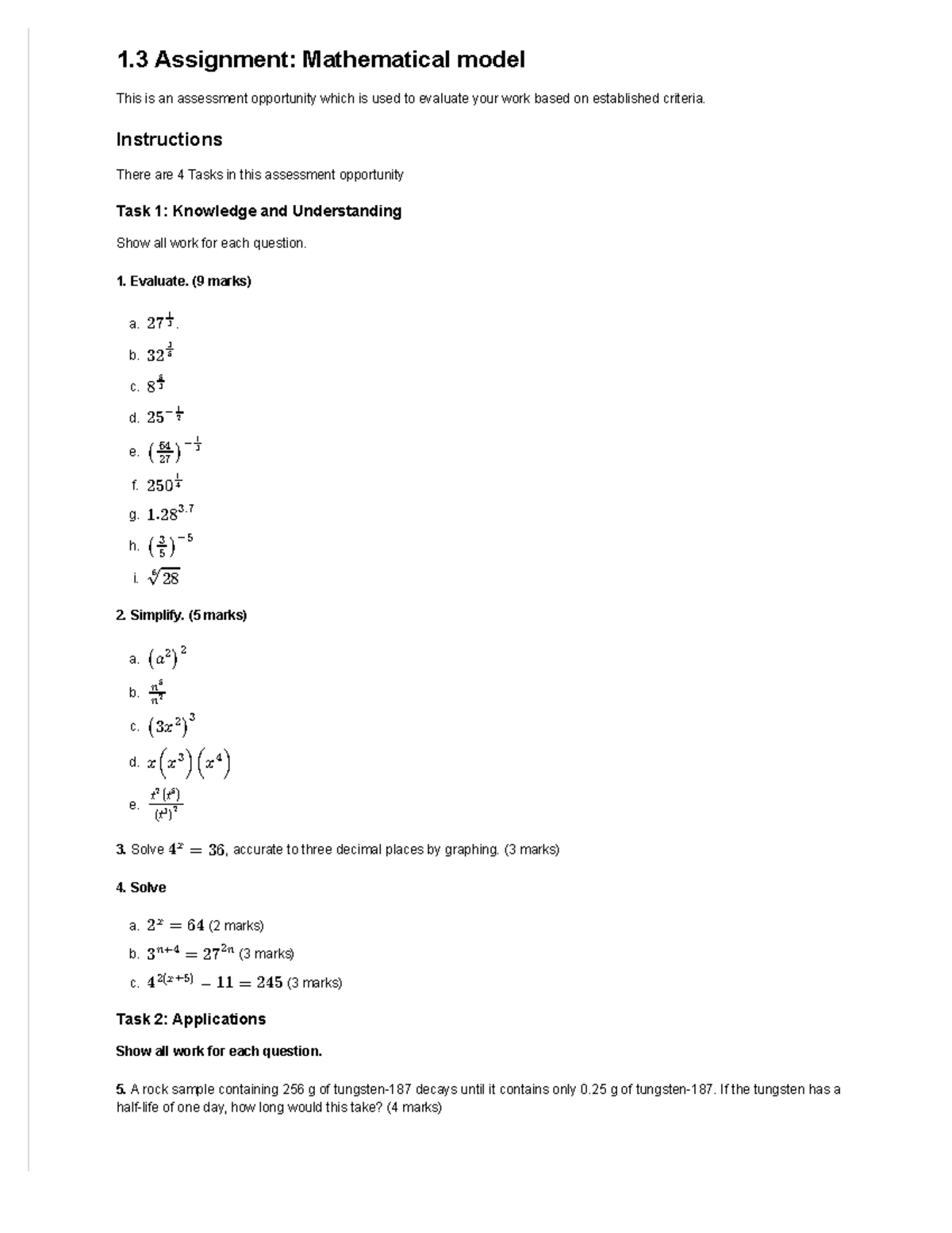 1.3 Assignment: Mathematical Model Evaluation and Applications - Studocu