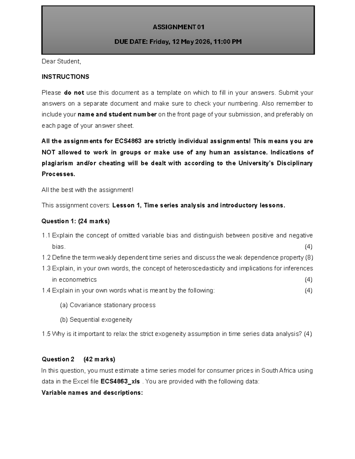 ECS4863 Assignment 01: Time Series Analysis & Econometrics Concepts ...