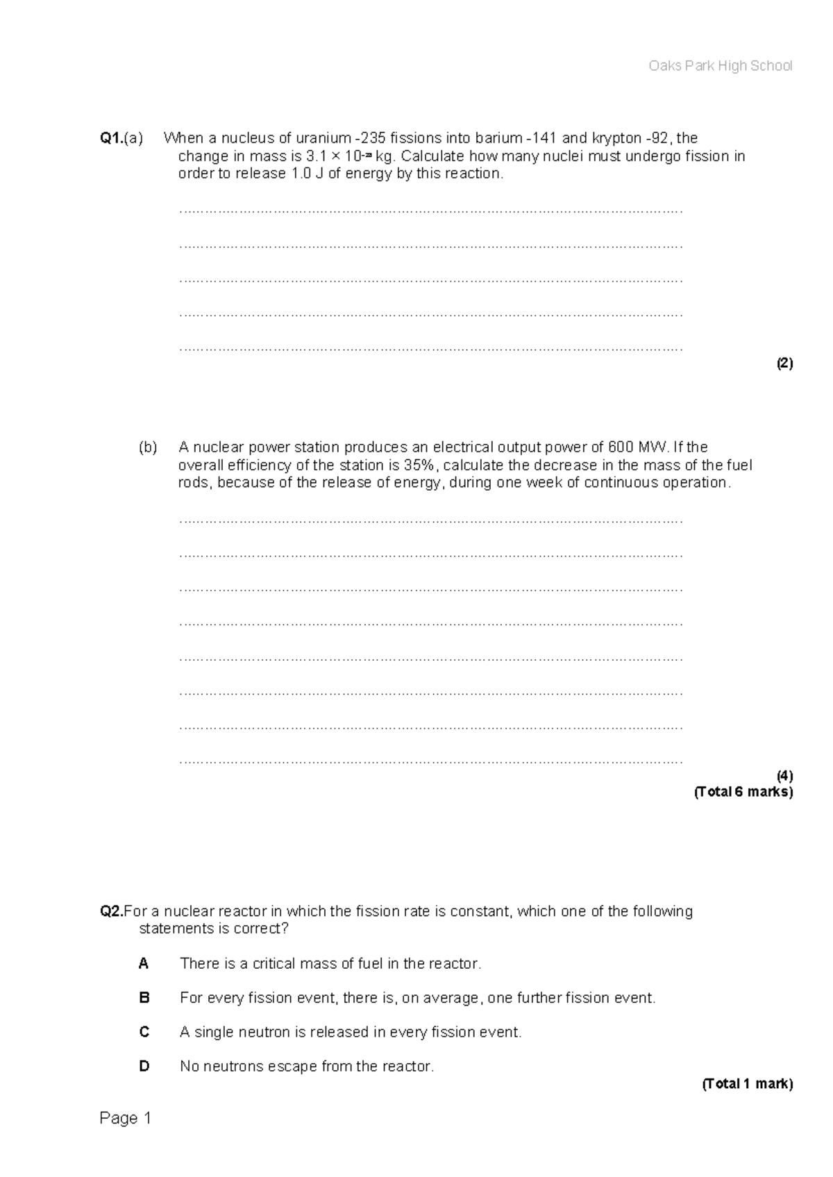 Fission-and-fusion - Questions - Q1.(a) When a nucleus of uranium -235 ...
