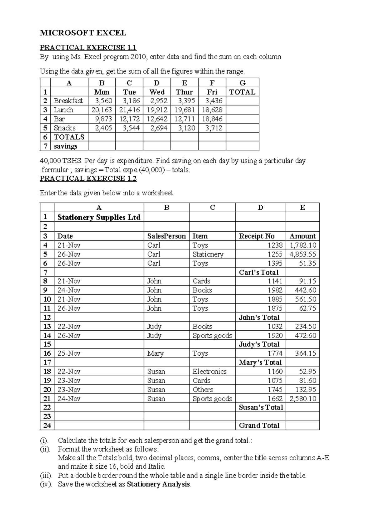 Practical exercises spredsheets - MICROSOFT EXCEL PRACTICAL EXERCISE 1 ...