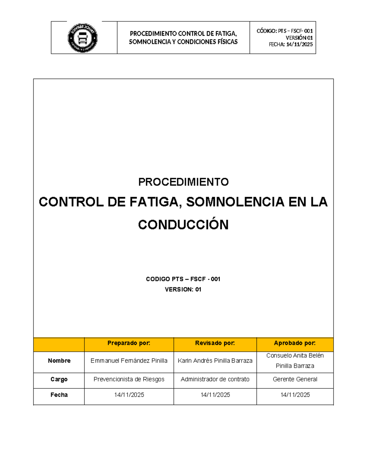 Procedimiento de Control de Fatiga y Somnolencia - PTS 001 - Studocu