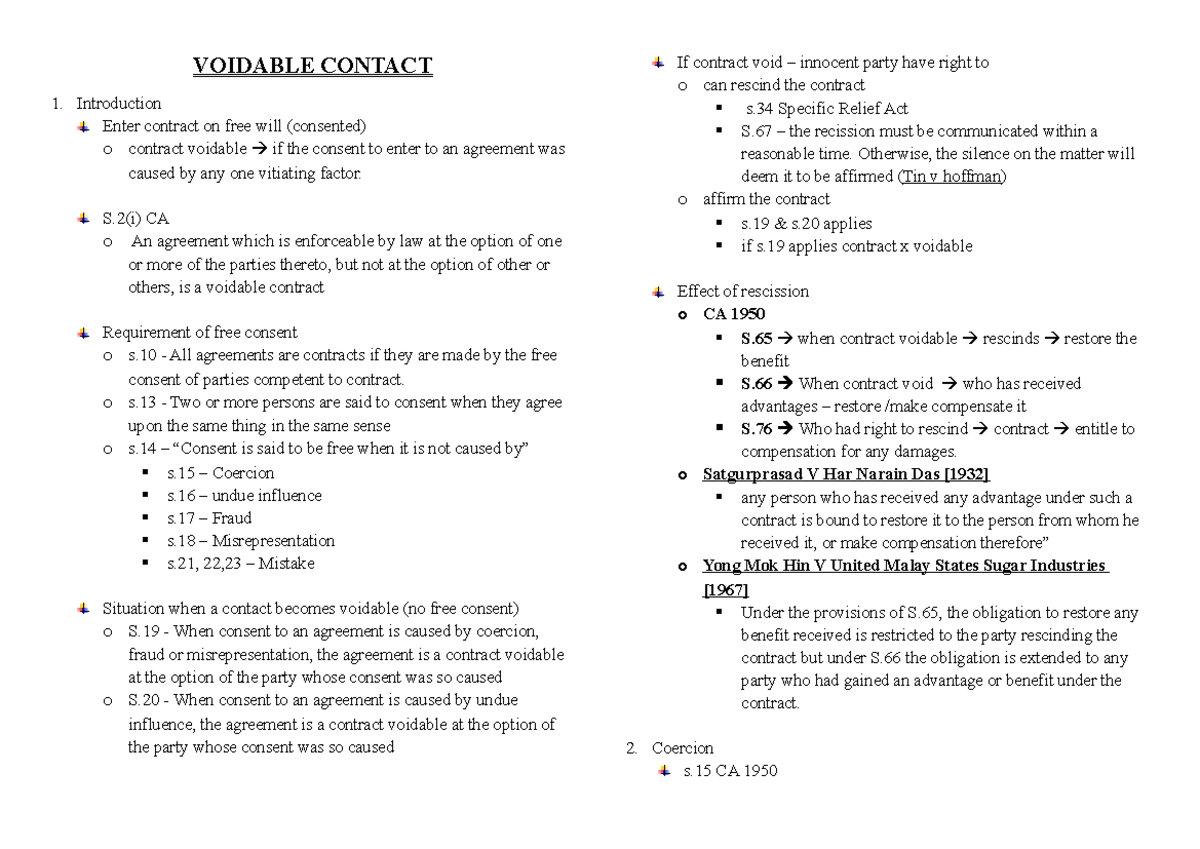 Voidable Contract: Key Concepts and Legal Provisions - Studocu