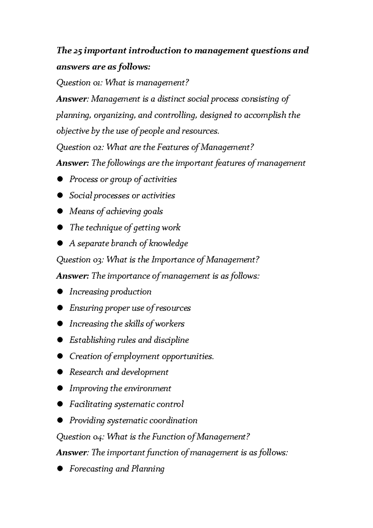 The 25 important introduction to management questi - Question 02: What ...