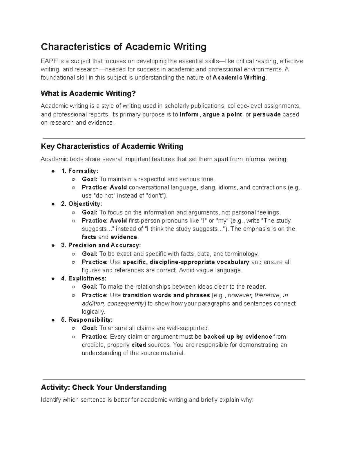 EAPP: Key Characteristics of Academic Writing Explained - Studocu