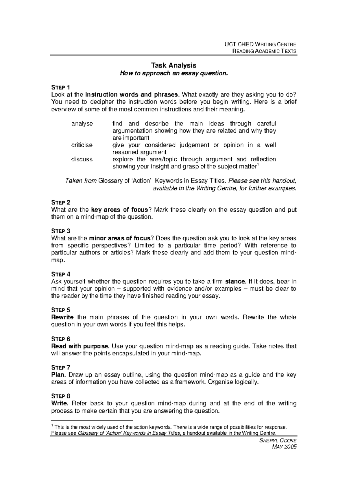 Task analysis approach to an essay - UCT CHED WRITING CENTRE READING ...