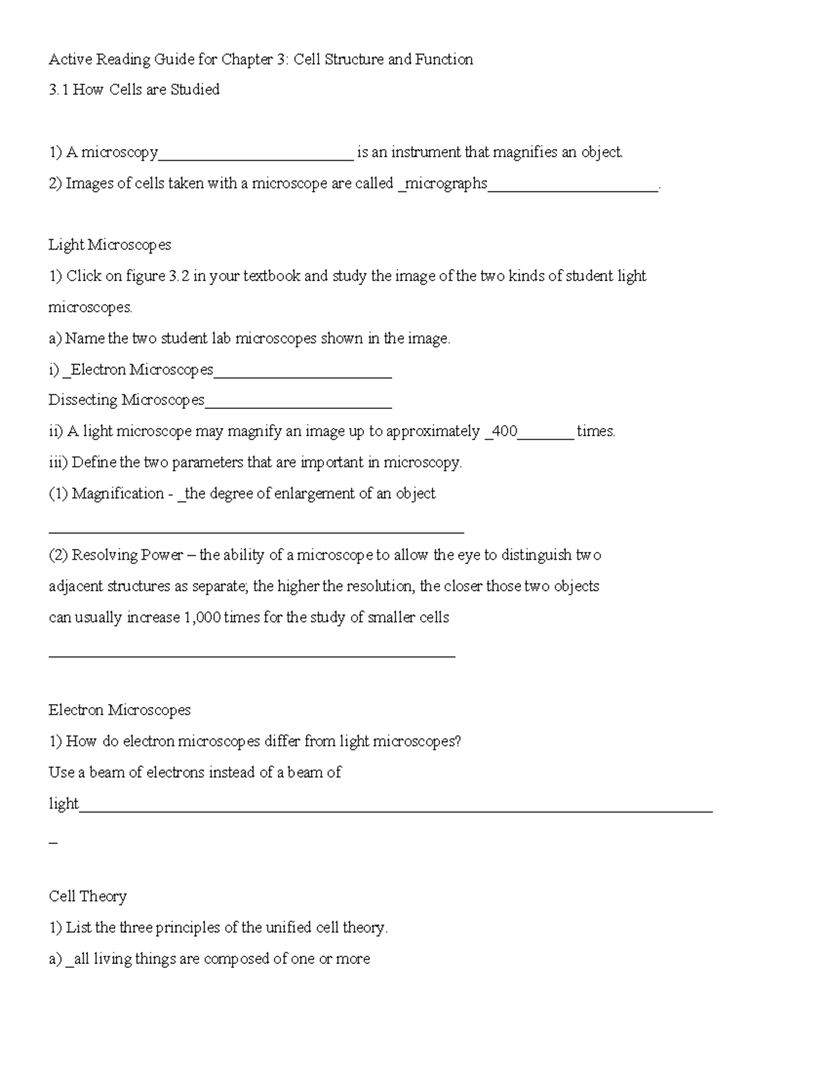 Chapter 3: Cell Structure and Function - Active Reading Guide Answers ...