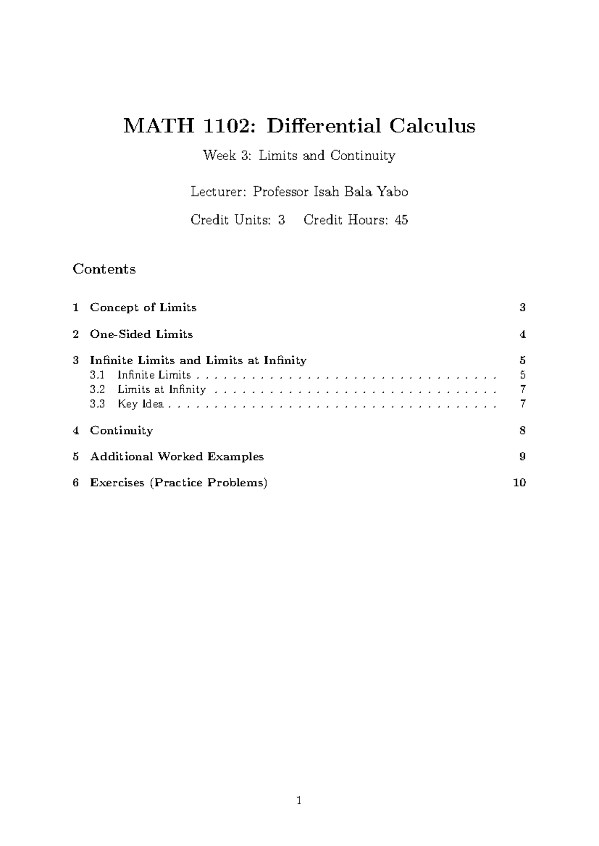 MATH 1102: Differential Calculus Week 3 Notes on Limits & Continuity ...