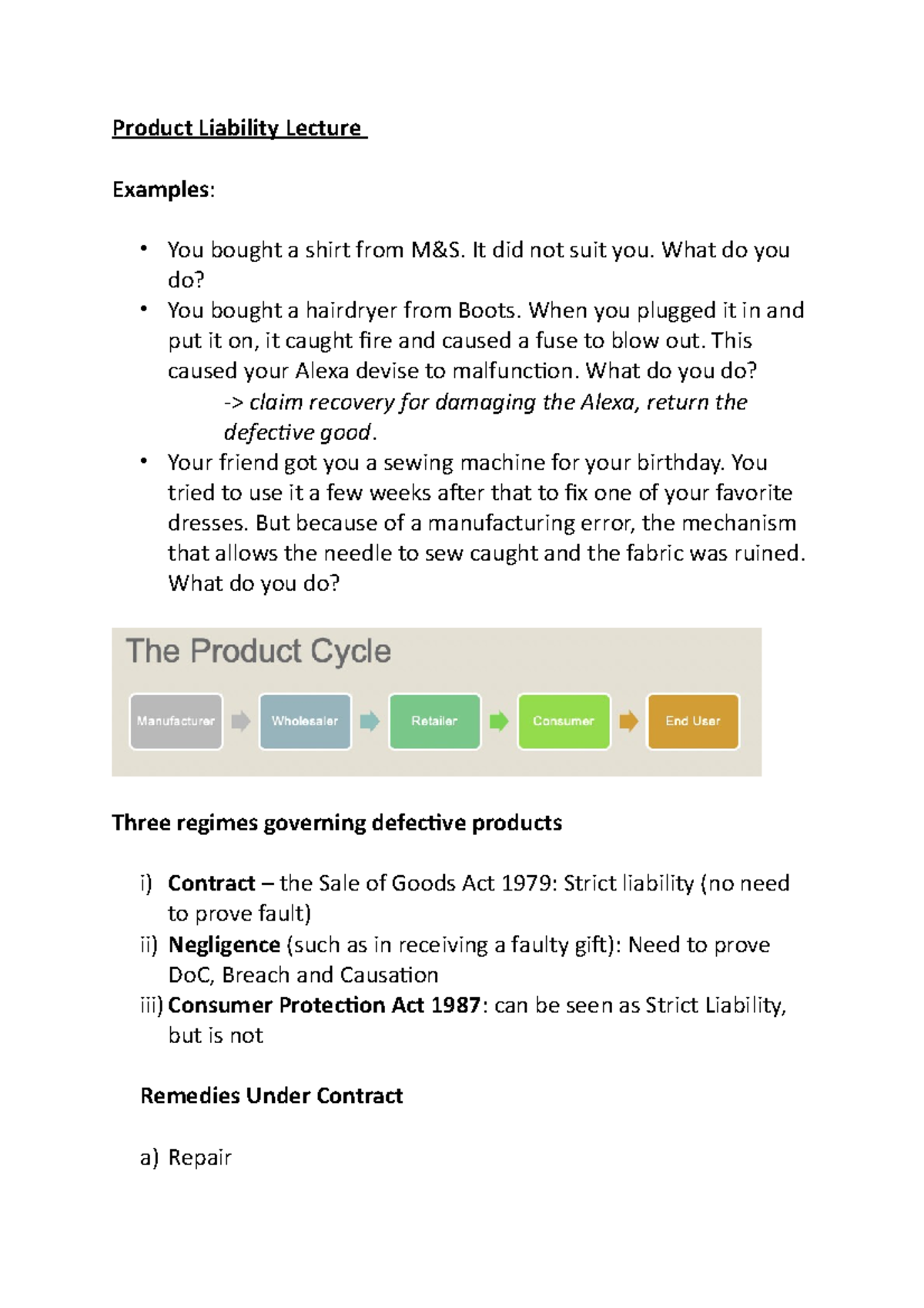 Product Liability Lecture Notes: Key Principles and Cases - Studocu