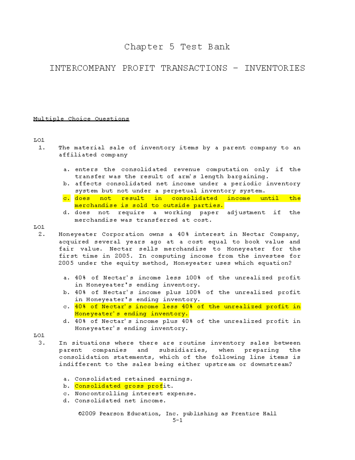 BUS 501 Chapter 5 Test Bank on Intercompany Profit Transactions - Studocu