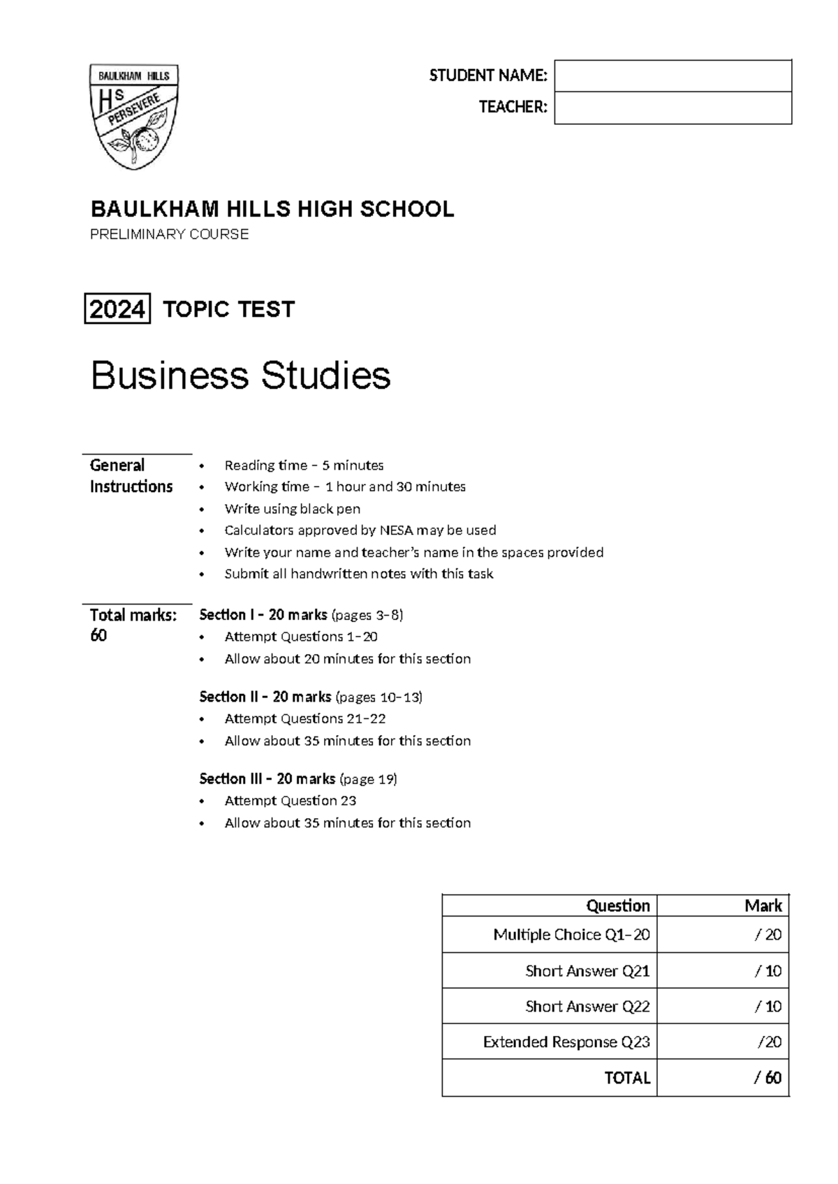 2024 Preliminary Course Business Studies Topic Test - Exam Paper - Studocu