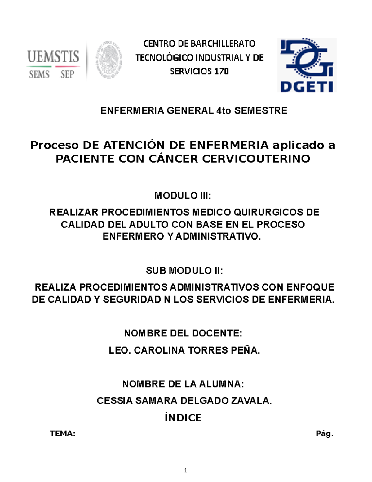 Proceso de Atención en Enfermería para Paciente con CaCu - 4to Semestre - Document Preview