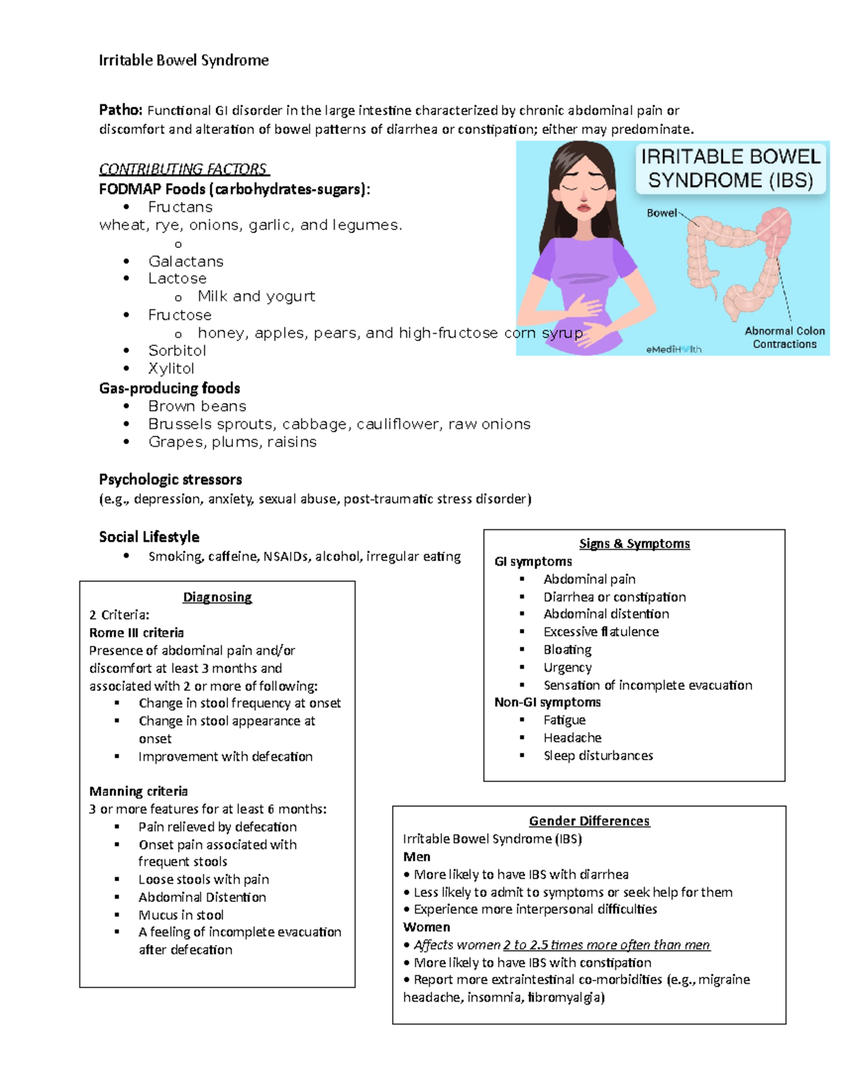 Irritable Bowel Syndrome notes - Irritable Bowel Syndrome Patho ...
