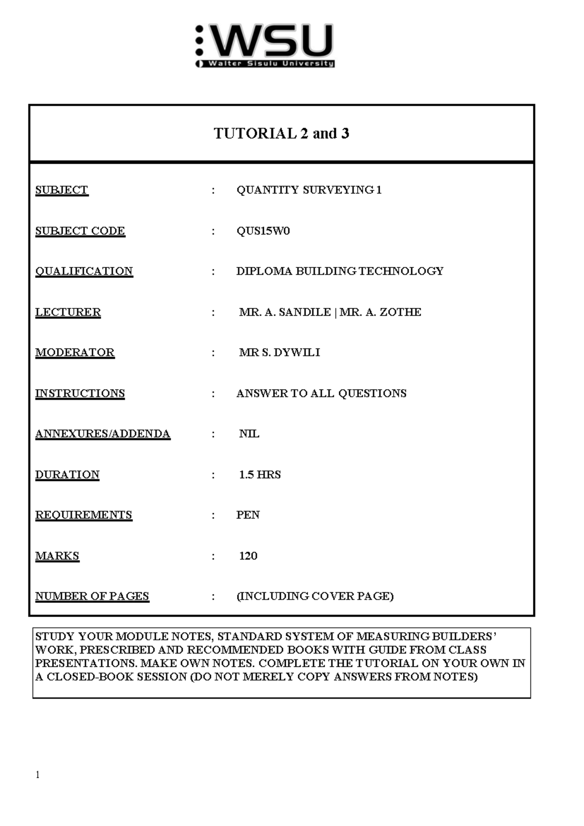 QUS15W0 Tutorial 2 & 3 - Quantity Surveying 1 Guide - Studocu