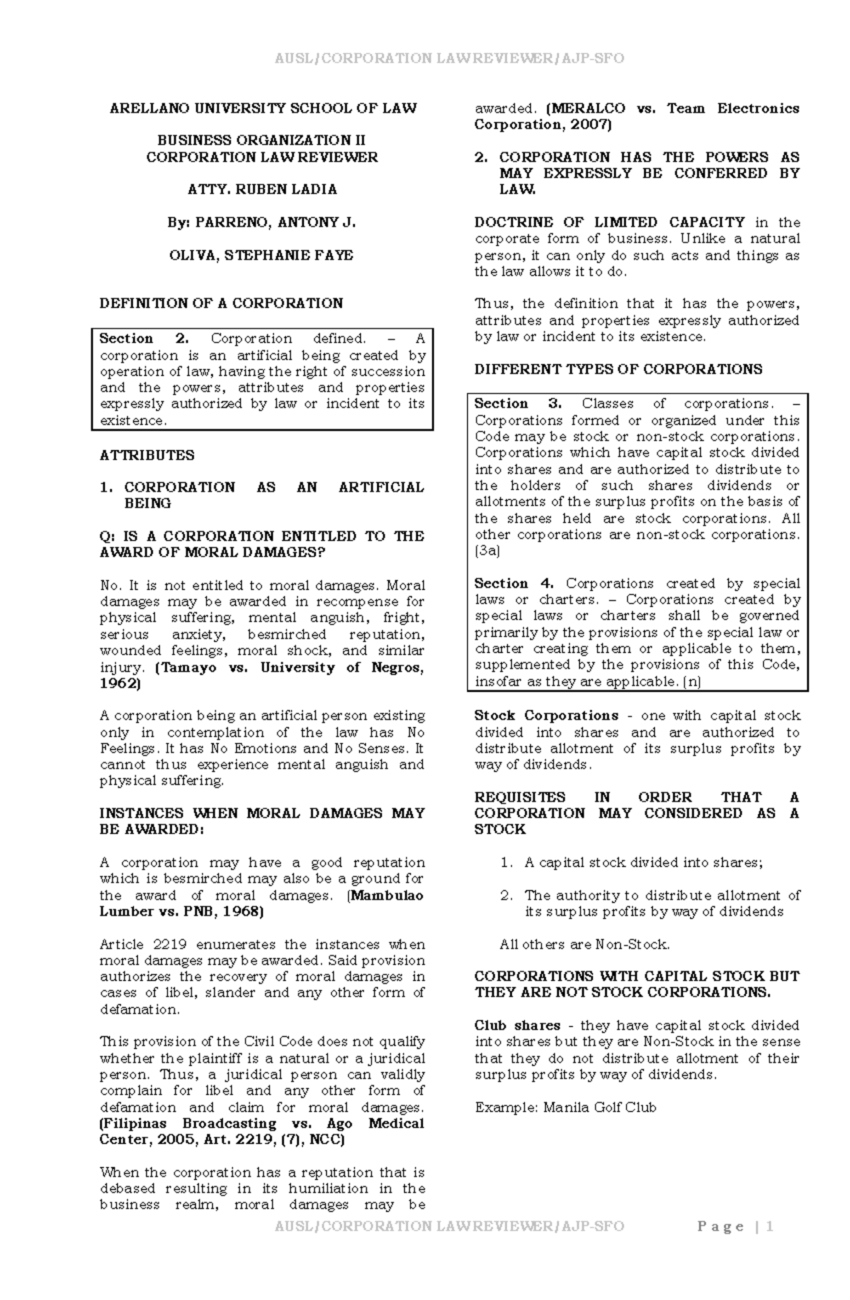 Business Law 101: Lecture Notes on Corporation Law and Review - Studocu