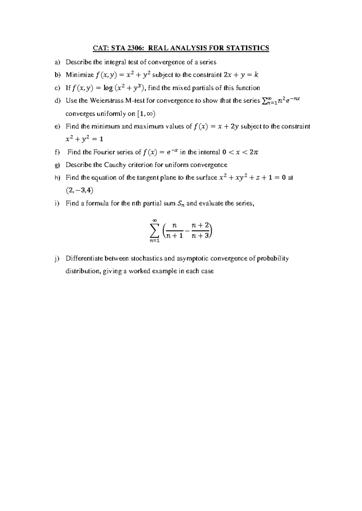 STA 2306 CAT - Real Analysis Questions and Concepts - Studocu