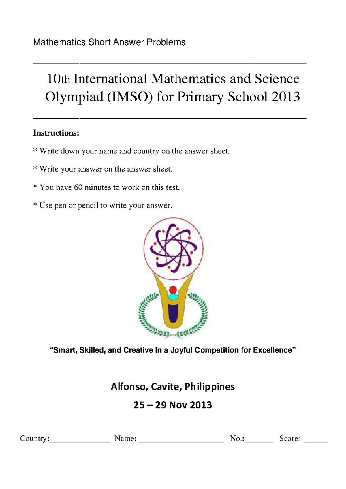 2013 IMSO Short Answer Problems for Primary School - Studocu