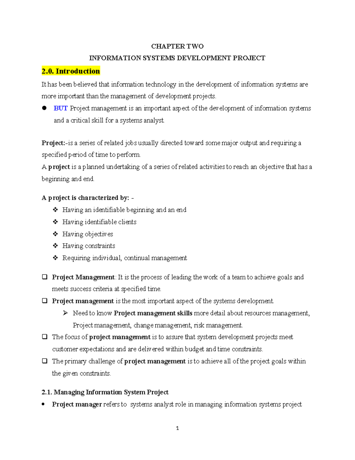 CH 2: Project Management in Information Systems Development - Studocu