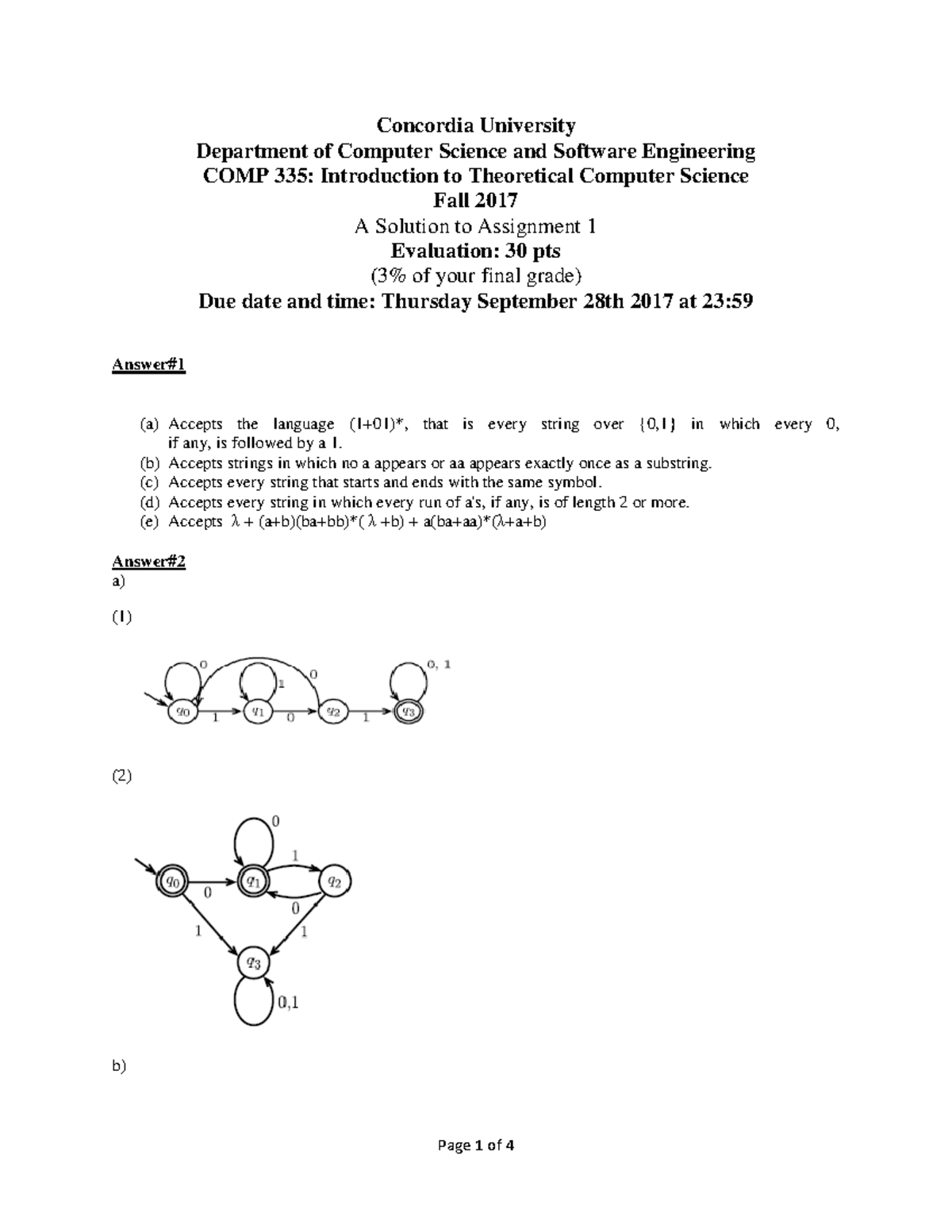 Sol1 - Comp 335 Assignment 1 Solutions from teacher - Warning: TT ...